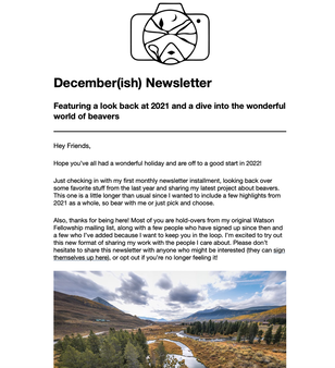 A screenshot of a newsletter, with a camera logo at the top and an image of a beaver pond in the body
