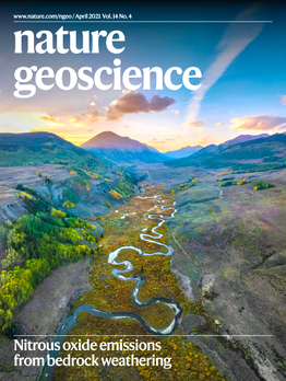 The cover of the academic journal Nature Geoscience, bearing my aerial image of a meandering river in the Colorado Rockies
